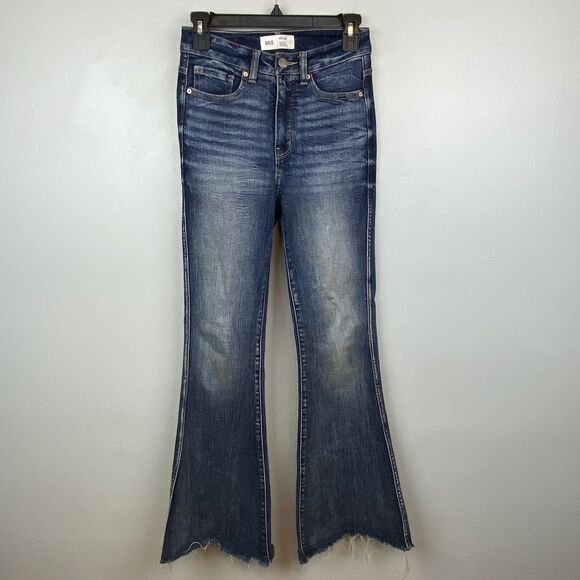 BKE Billie Jeans Womens 25 Blue High Rise Super Flare Raw Hem Distressed Denim - Picture 1 of 13